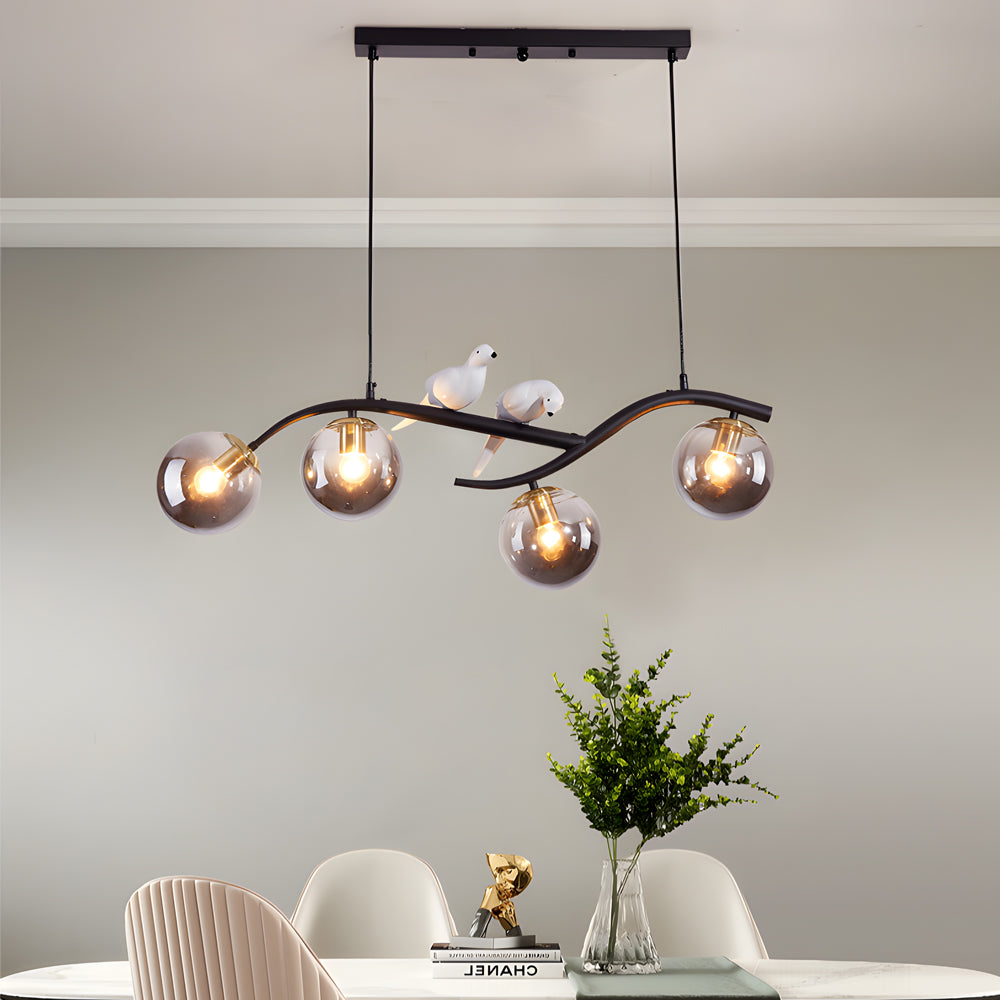 Modern Bird Branch Dining Room Chandelier with 3 Color Dimming Glass Globe Pendant Light