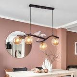 Modern Bird Branch Dining Room Chandelier with 3 Color Dimming Glass Globe Pendant Light