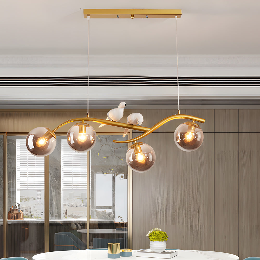 Modern Bird Branch Dining Room Chandelier with 3 Color Dimming Glass Globe Pendant Light