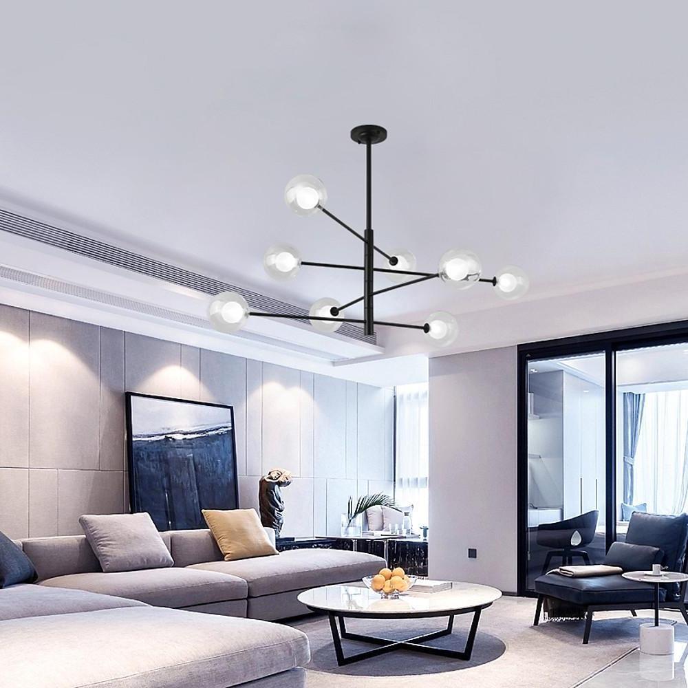 Modern Black 8 Light Linear Sputnik Chandelier with Clear Glass Globes for Dining Room