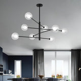 Modern Black 8 Light Linear Sputnik Chandelier with Clear Glass Globes for Dining Room
