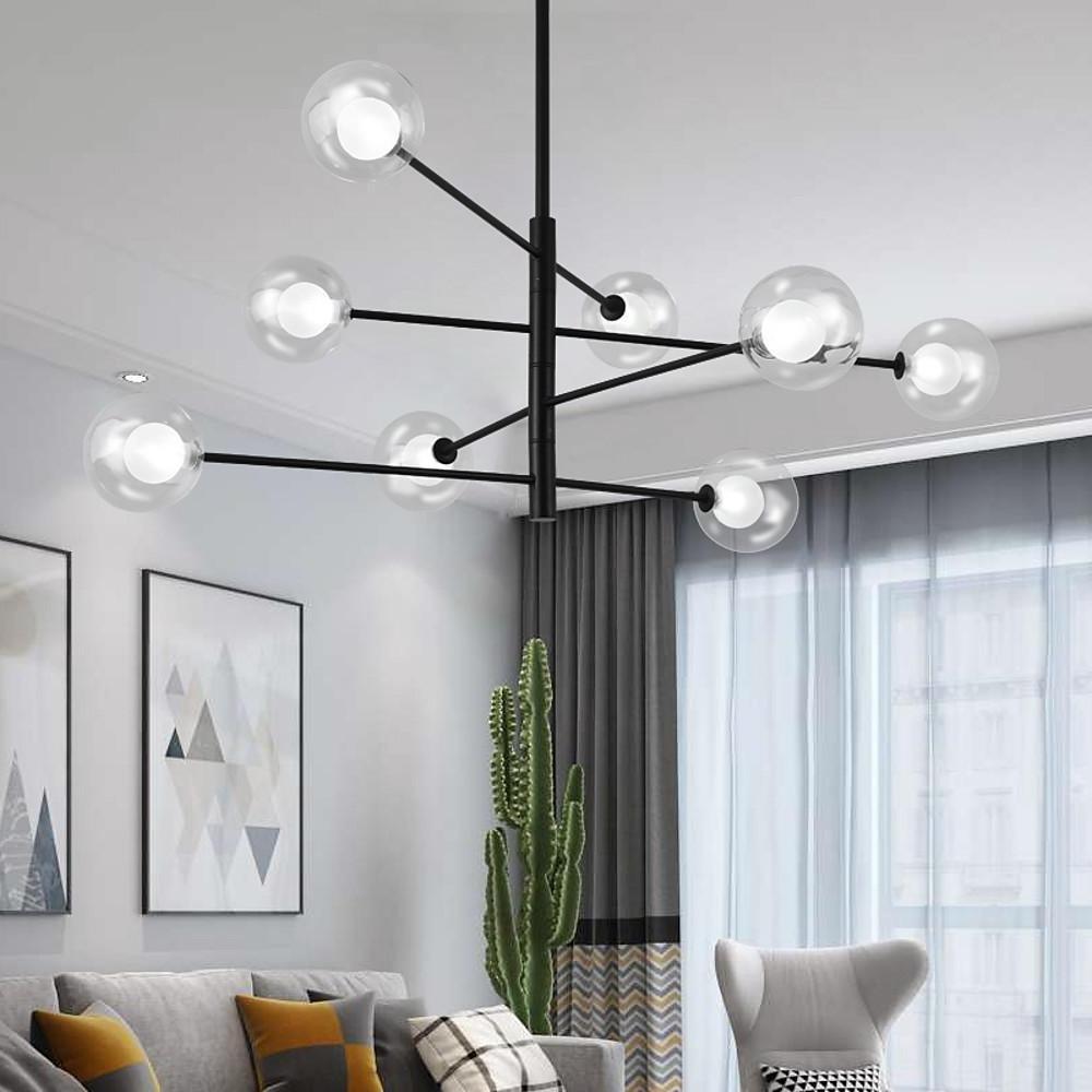 Modern Black 8 Light Linear Sputnik Chandelier with Clear Glass Globes for Dining Room
