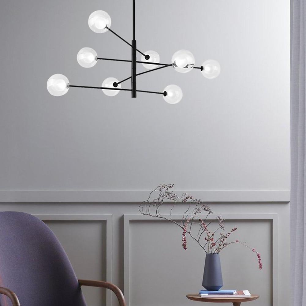 Modern Black 8 Light Linear Sputnik Chandelier with Clear Glass Globes for Dining Room