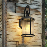 Modern Black Aluminum Exterior Wall Light with Clear Striped Glass Sconce for Porch and Garden