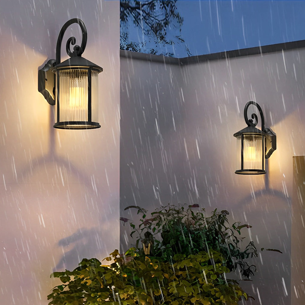 Modern Black Aluminum Exterior Wall Light with Clear Striped Glass Sconce for Porch and Garden