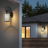 Modern Black Aluminum Exterior Wall Light with Clear Striped Glass Sconce for Porch and Garden