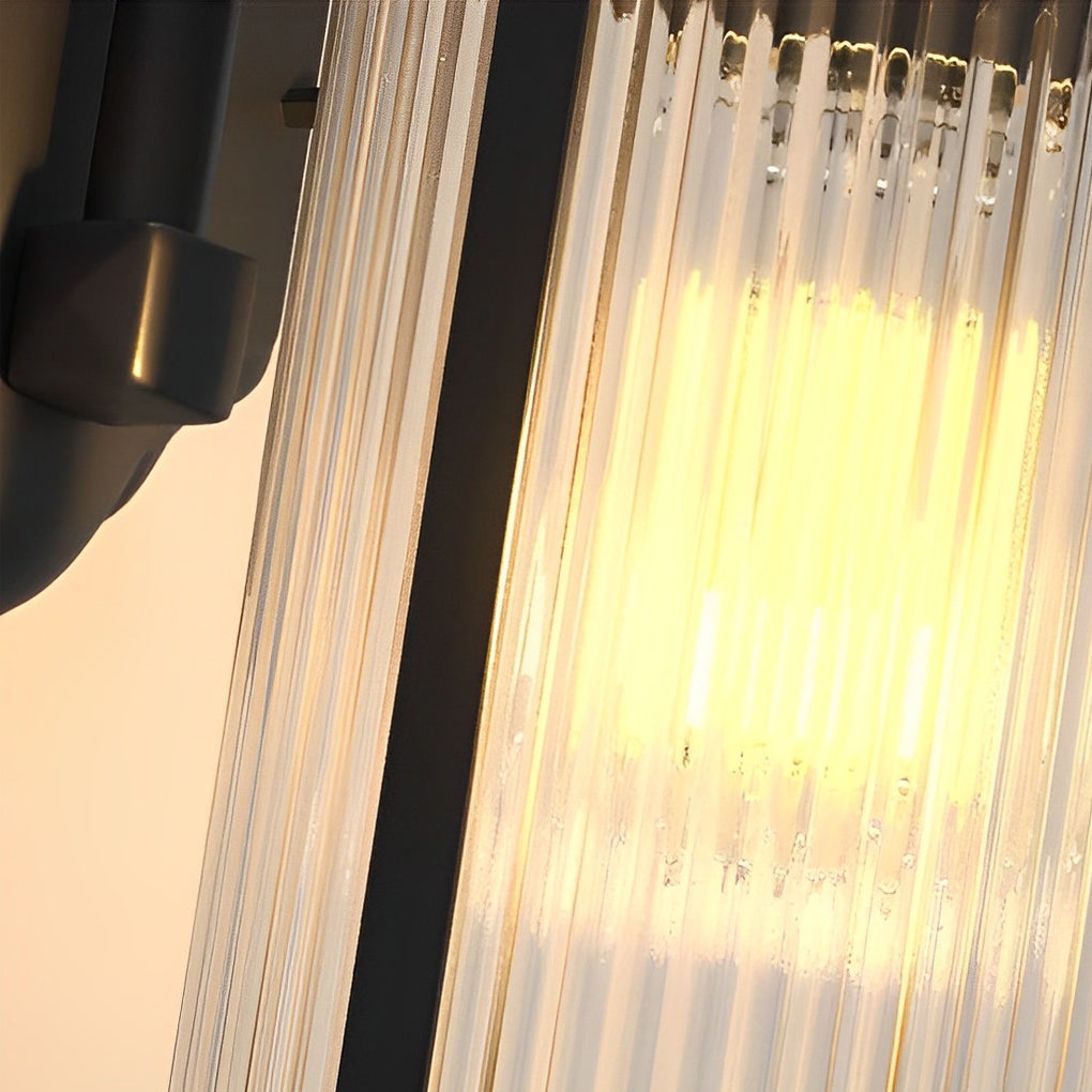 Modern Black Aluminum Exterior Wall Light with Clear Striped Glass Sconce for Porch and Garden