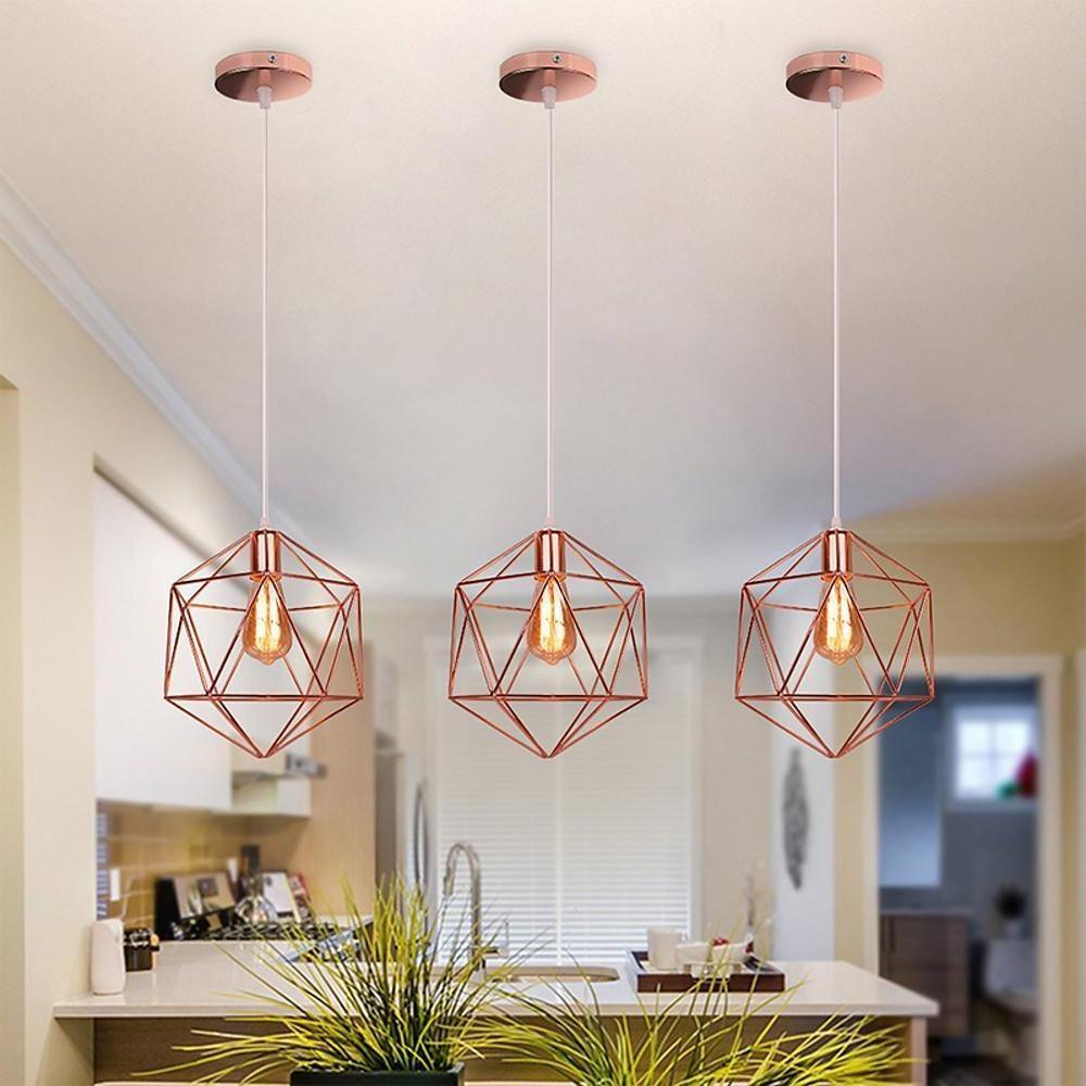 Modern Black and Rose Gold Geometric Metal Cage LED Pendant Light Fixture