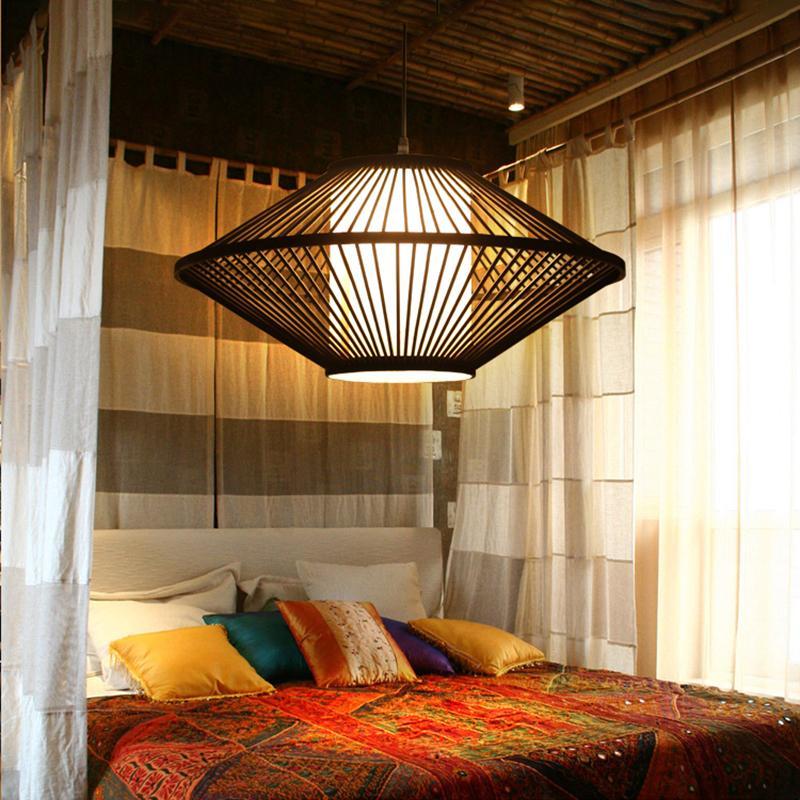 Modern Black Bamboo Pyramid Pendant Light Farmhouse Style Circular Hanging Ceiling Lamp for Bedroom