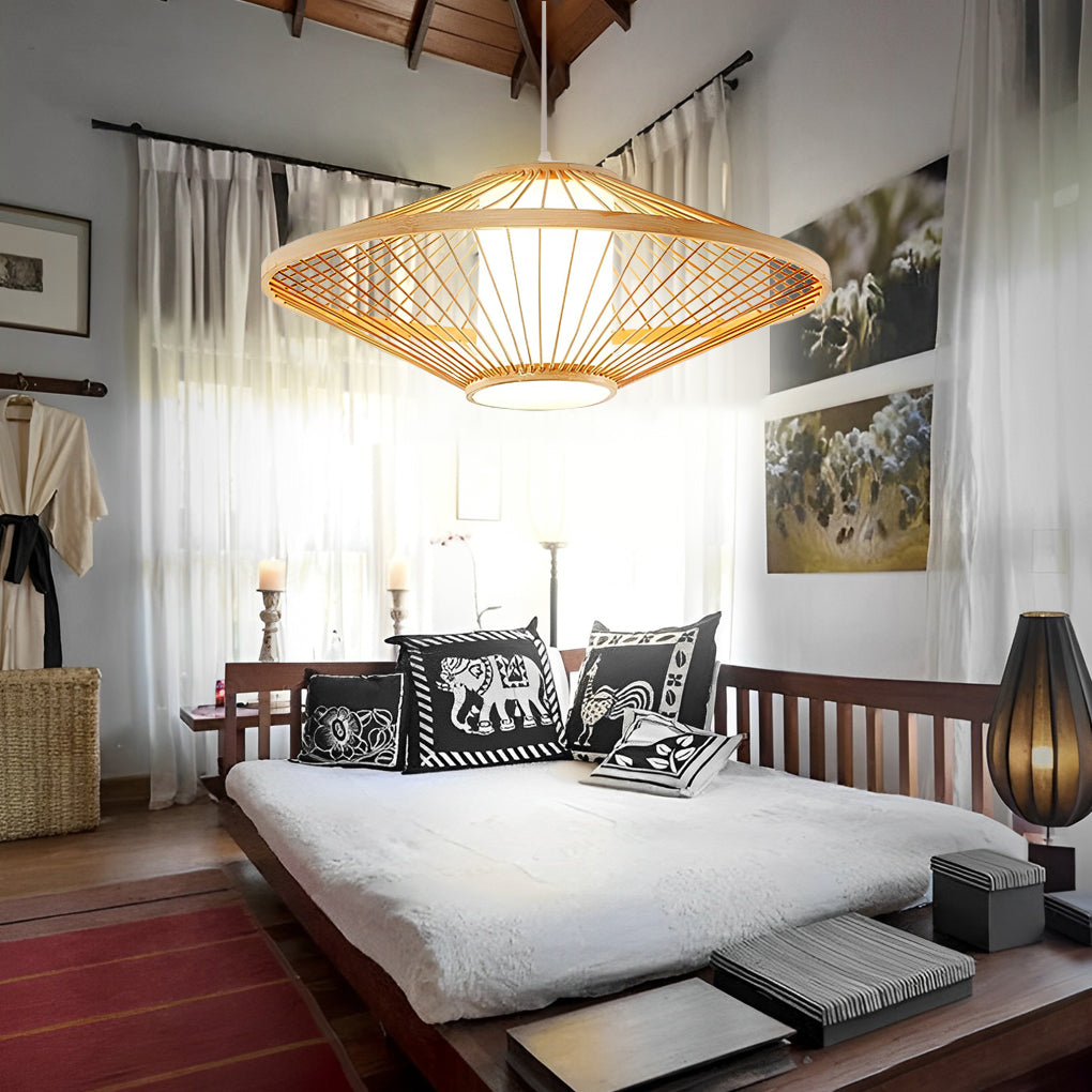 Modern Black Bamboo Pyramid Pendant Light Farmhouse Style Circular Hanging Ceiling Lamp for Bedroom