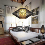 Modern Black Bamboo Pyramid Pendant Light Farmhouse Style Circular Hanging Ceiling Lamp for Bedroom