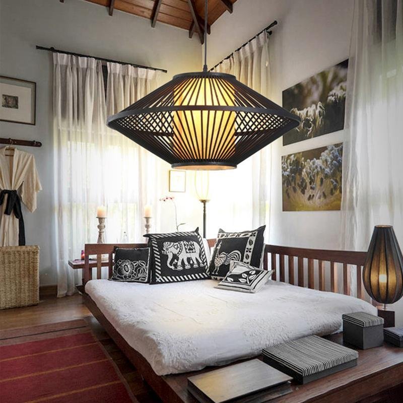 Modern Black Bamboo Pyramid Pendant Light Farmhouse Style Circular Hanging Ceiling Lamp for Bedroom