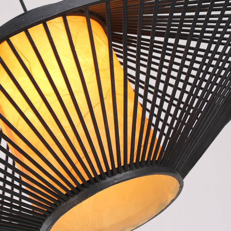 Modern Black Bamboo Pyramid Pendant Light Farmhouse Style Circular Hanging Ceiling Lamp for Bedroom