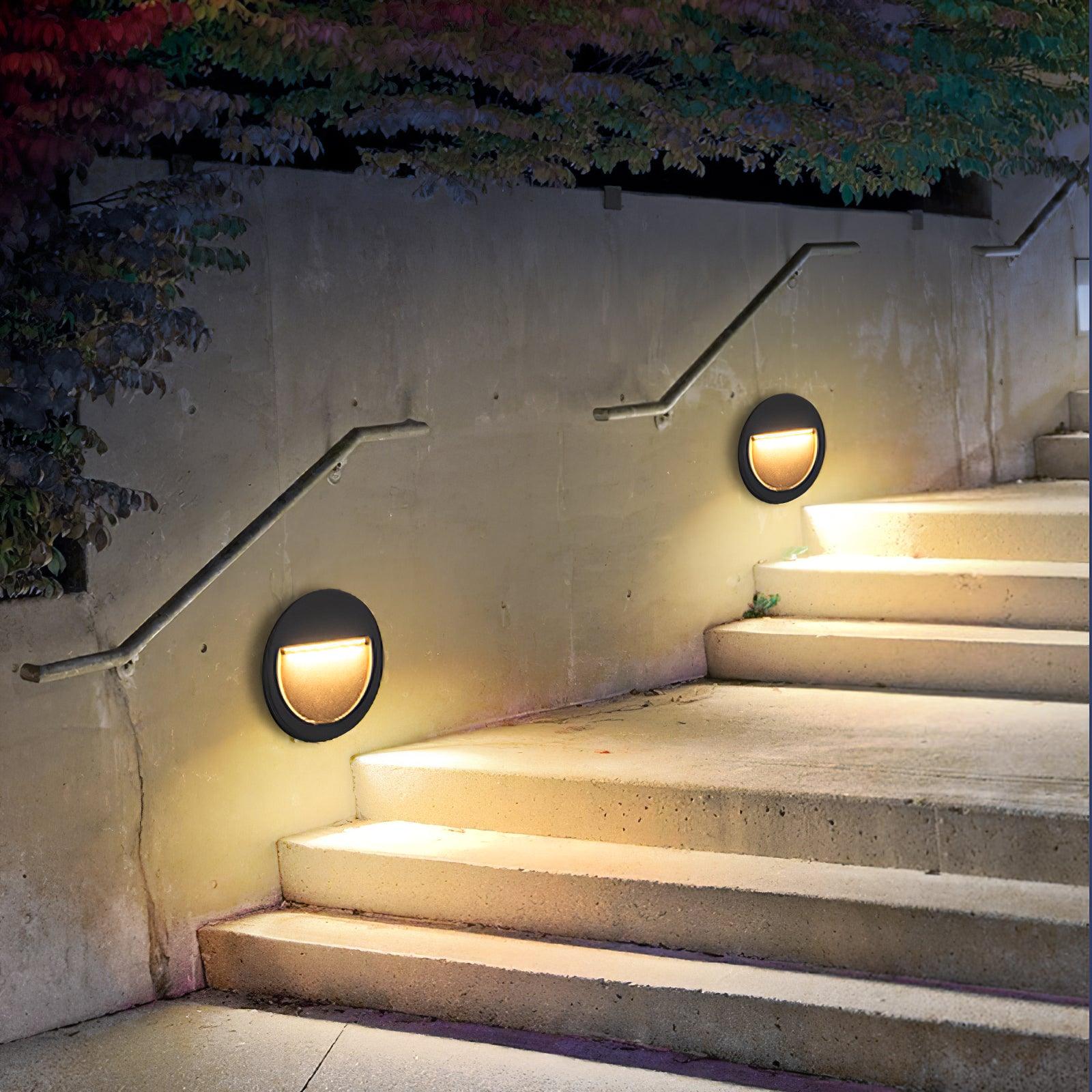 Modern Black Circular LED Outdoor Step Light and Exterior Wall Sconce for Patios and Stairways