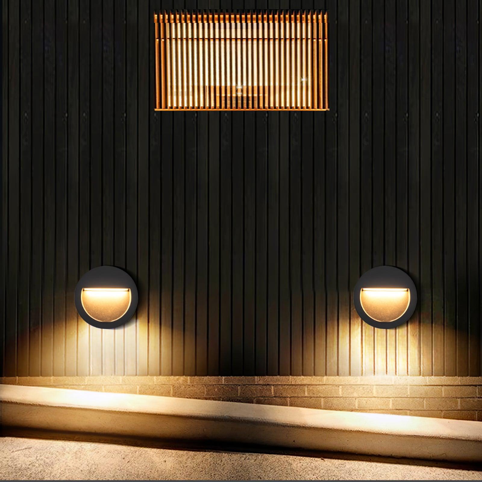 Modern Black Circular LED Outdoor Step Light and Exterior Wall Sconce for Patios and Stairways