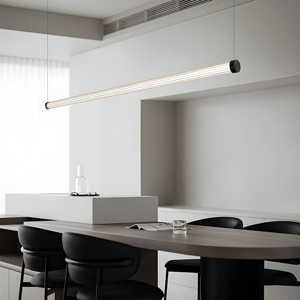 Modern Black Copper Linear LED Island Pendant Light with Textured Glass Shade and Dimmable Remote Control