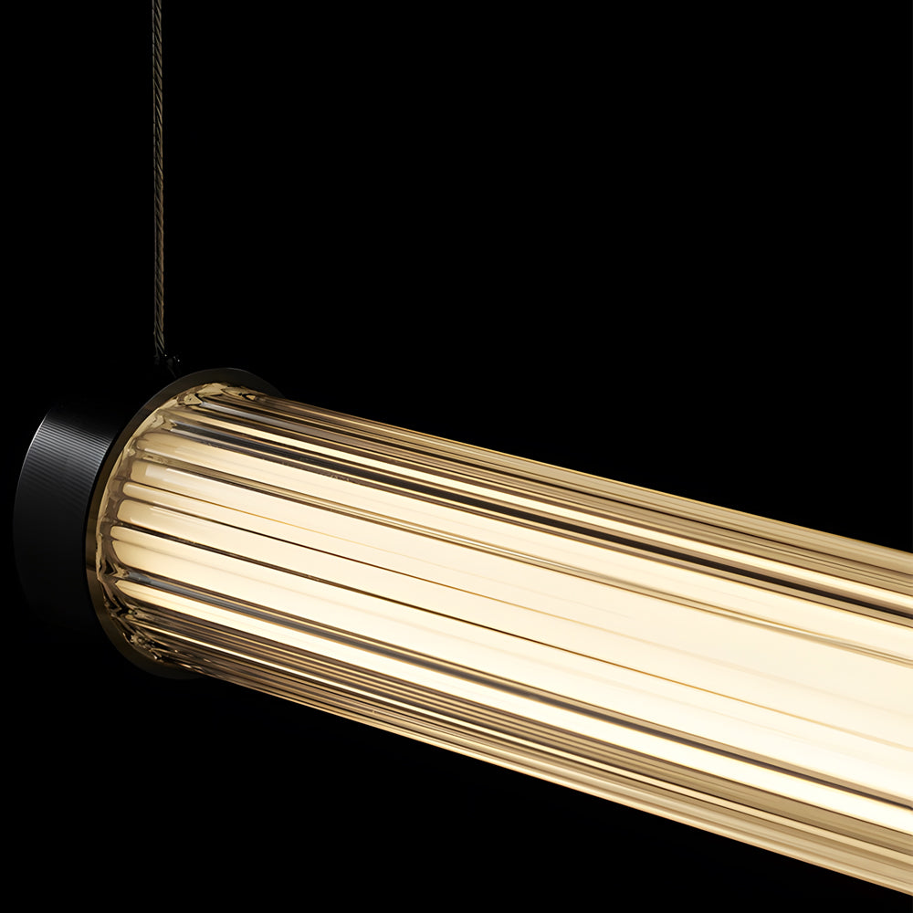 Modern Black Copper Linear LED Island Pendant Light with Textured Glass Shade and Dimmable Remote Control