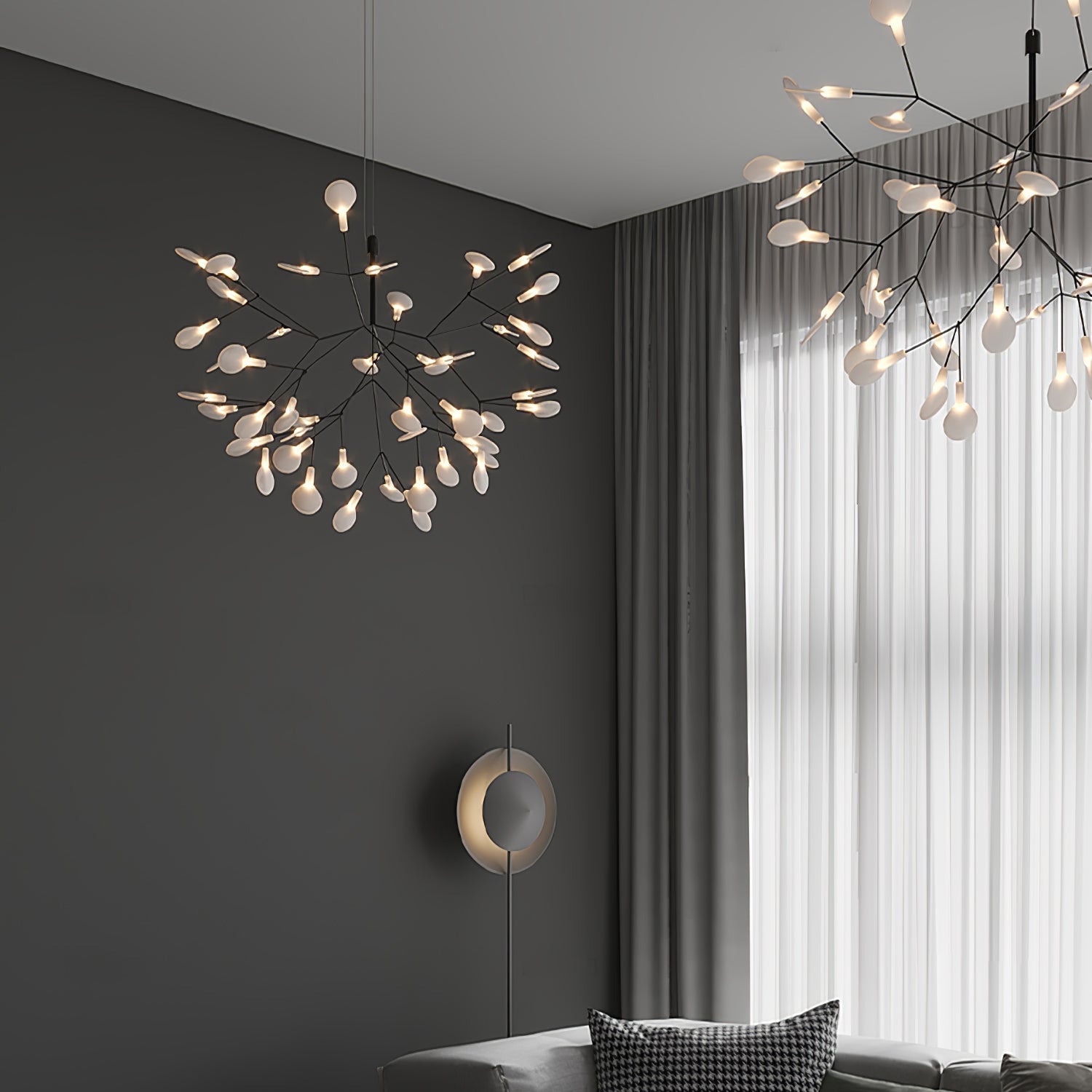 Modern Black Firefly LED Branch Chandelier Botanical Floral Ceiling Light Fixture