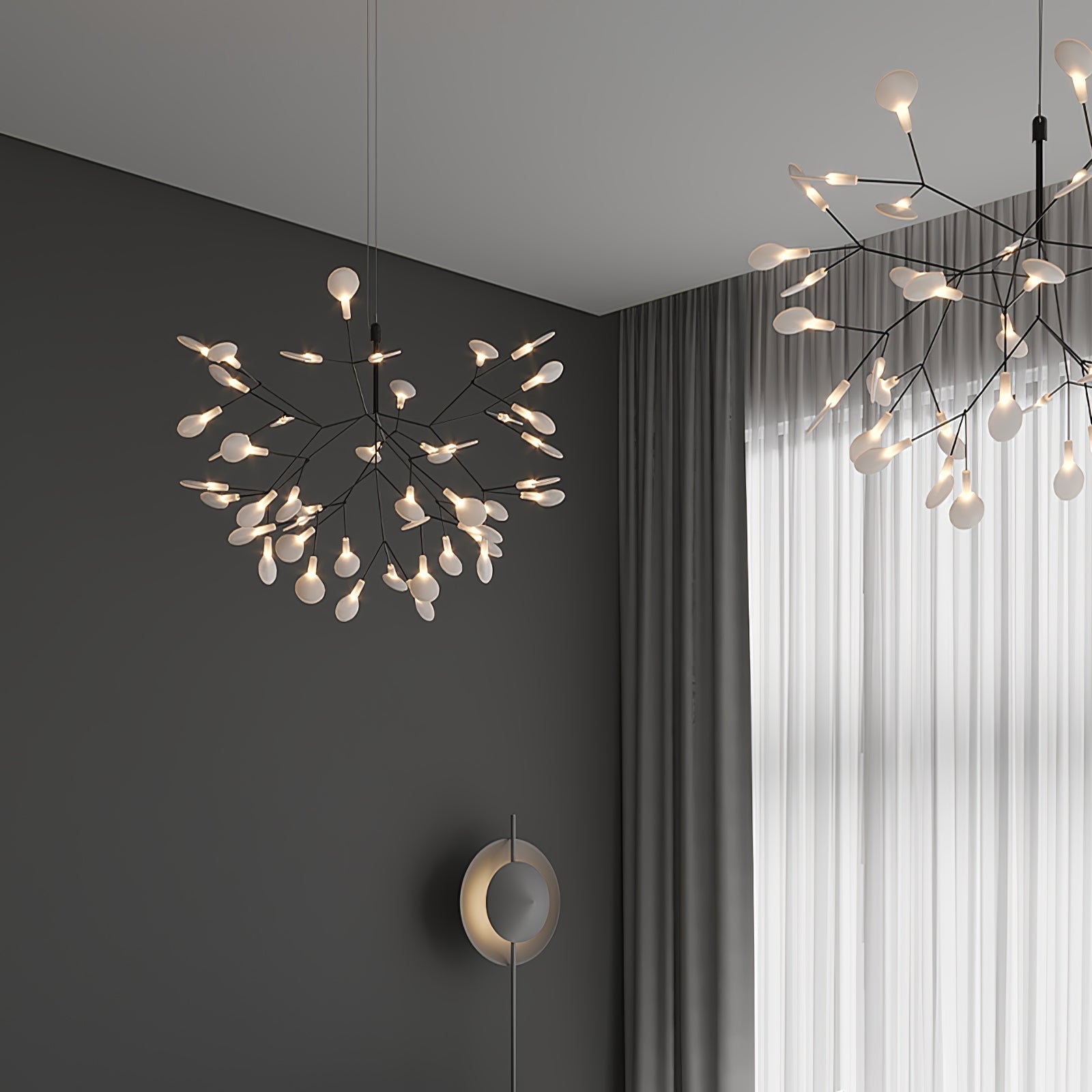 Modern Black Firefly LED Branch Chandelier Botanical Floral Ceiling Light Fixture