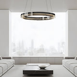 Modern Black Glass LED Ring Pendant Chandelier Dimmable Circular Hanging Light for Dining Room