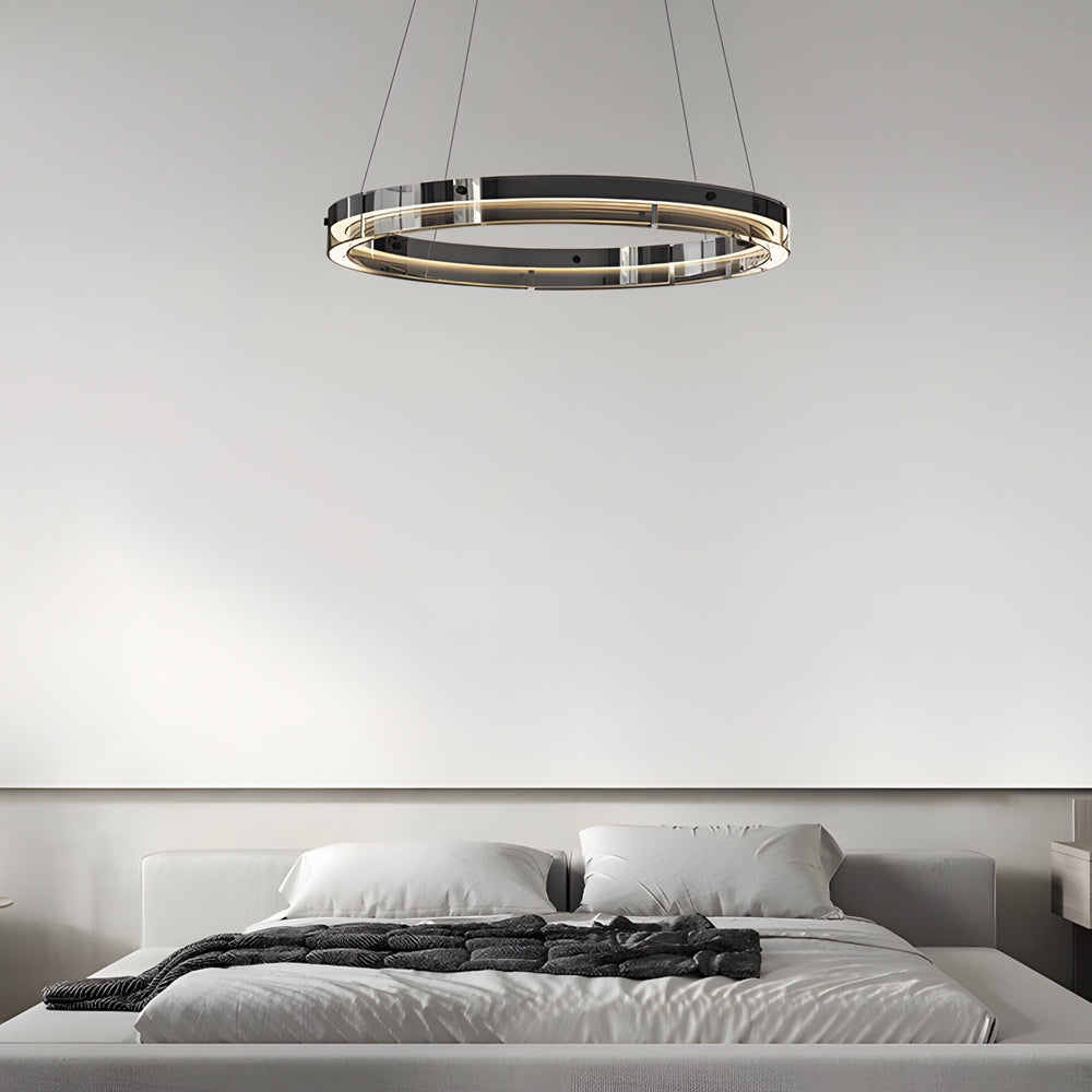 Modern Black Glass LED Ring Pendant Chandelier Dimmable Circular Hanging Light for Dining Room