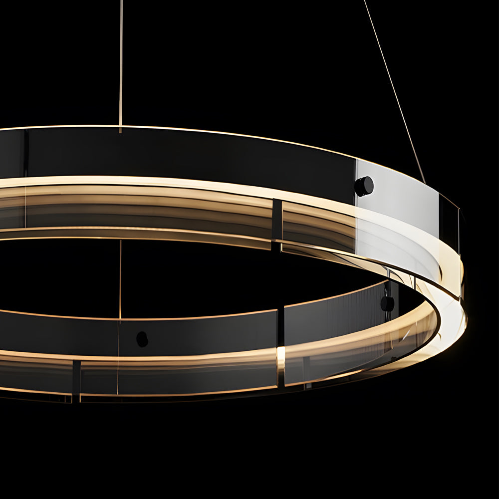Modern Black Glass LED Ring Pendant Chandelier Dimmable Circular Hanging Light for Dining Room