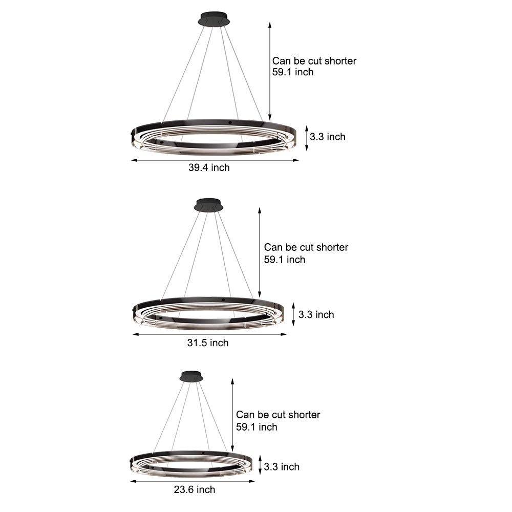 Modern Black Glass LED Ring Pendant Chandelier Dimmable Circular Hanging Light for Dining Room