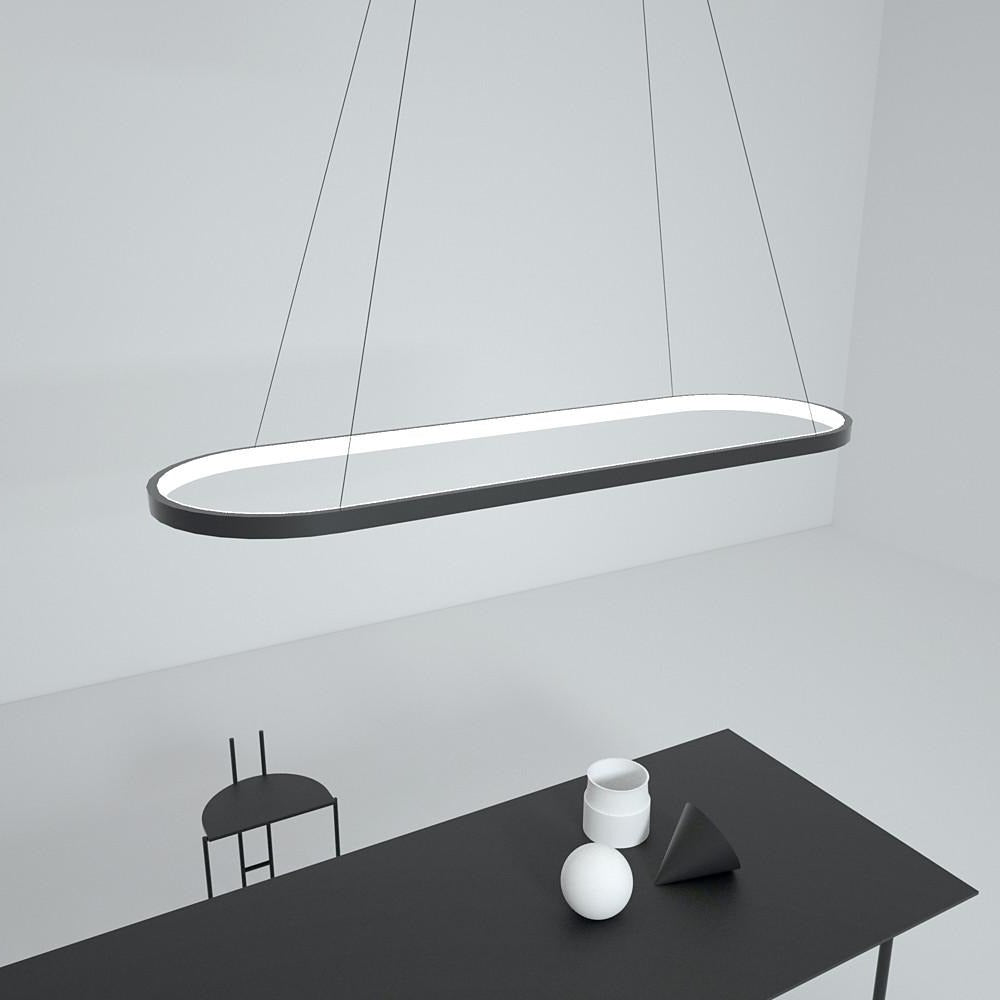 Modern Black LED Oval Pendant Light with Remote Control Dimmable Hanging Chandelier for Dining Room