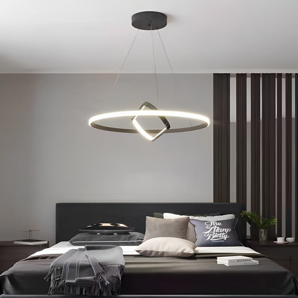 Modern Black LED Pendant Light with Rotatable Inner Ring and Stepless Dimming for Dining Room