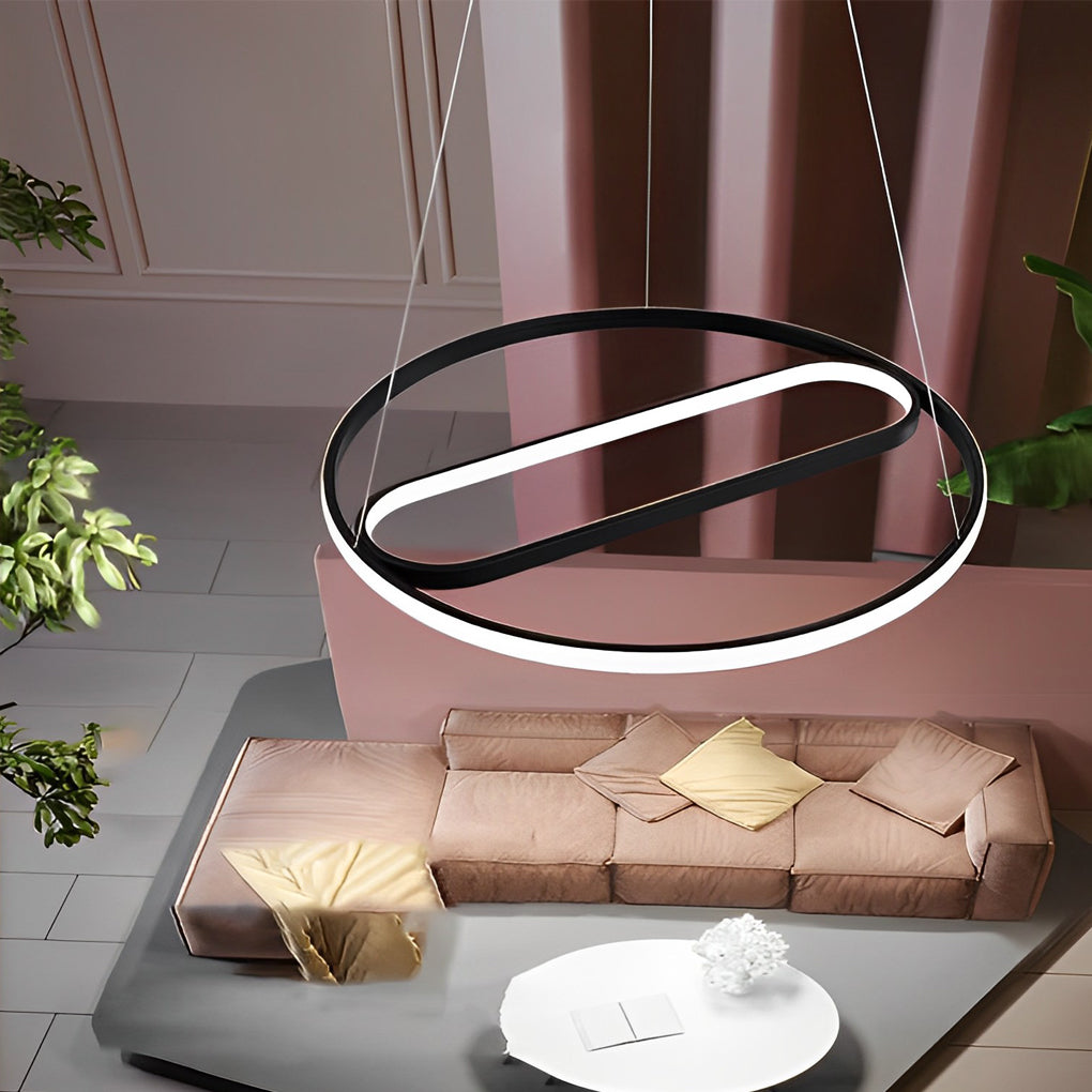 Modern Black LED Pendant Light with Rotatable Inner Ring and Stepless Dimming for Dining Room