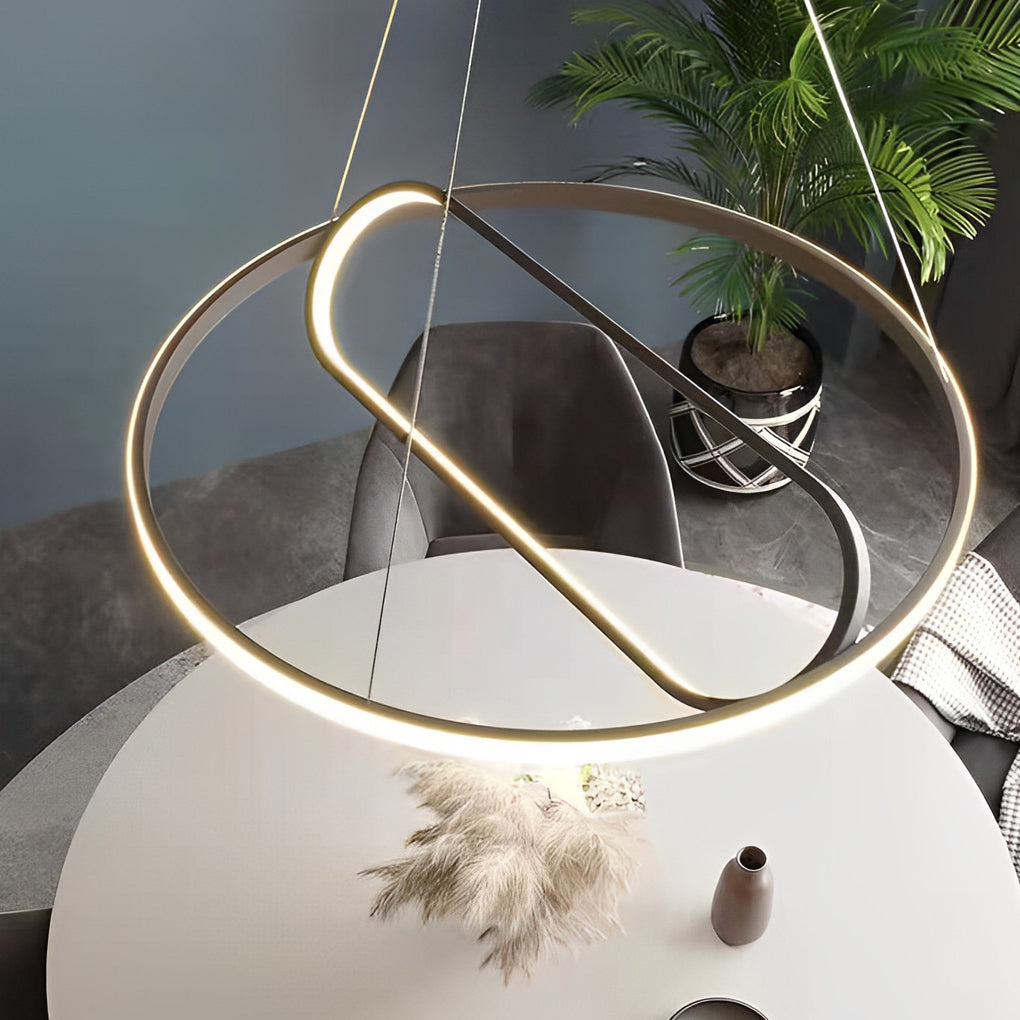 Modern Black LED Pendant Light with Rotatable Inner Ring and Stepless Dimming for Dining Room