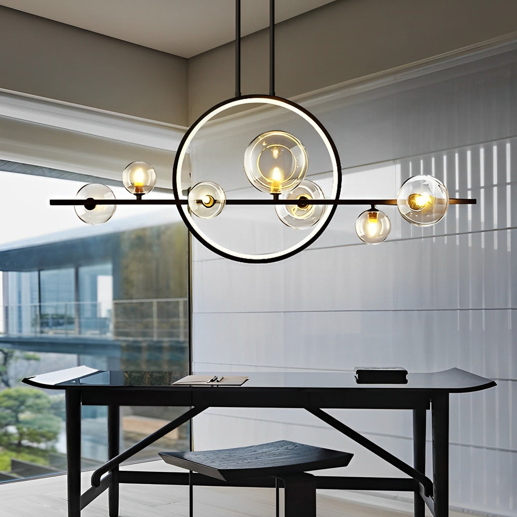 Modern Black Linear Chandelier with Moon Glass Bubble Globes and LED Strip Lighting for Dining Room