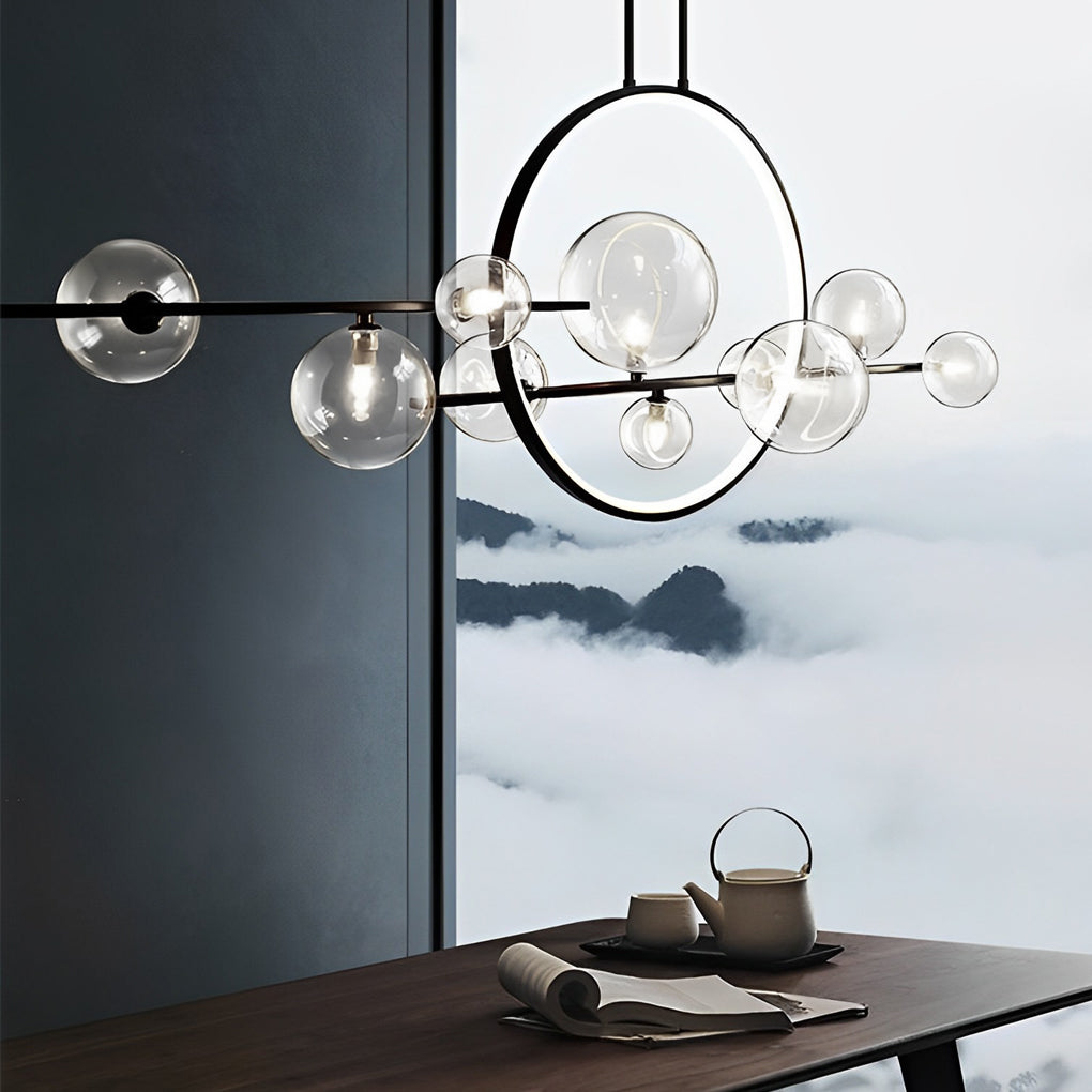 Modern Black Linear Chandelier with Moon Glass Bubble Globes and LED Strip Lighting for Dining Room