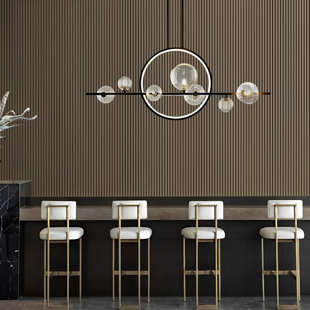 Modern Black Linear Chandelier with Moon Glass Bubble Globes and LED Strip Lighting for Dining Room