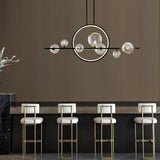 Modern Black Linear Chandelier with Moon Glass Bubble Globes and LED Strip Lighting for Dining Room