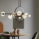 Modern Black Linear Chandelier with Moon Glass Bubble Globes and LED Strip Lighting for Dining Room