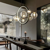 Modern Black Linear Chandelier with Moon Glass Bubble Globes and LED Strip Lighting for Dining Room