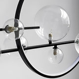 Modern Black Linear Chandelier with Moon Glass Bubble Globes and LED Strip Lighting for Dining Room