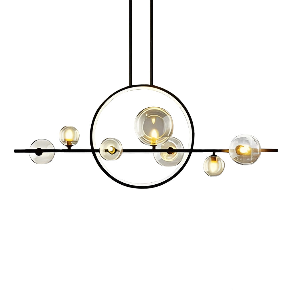 Modern Black Linear Chandelier with Moon Glass Bubble Globes and LED Strip Lighting for Dining Room
