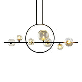 Modern Black Linear Chandelier with Moon Glass Bubble Globes and LED Strip Lighting for Dining Room