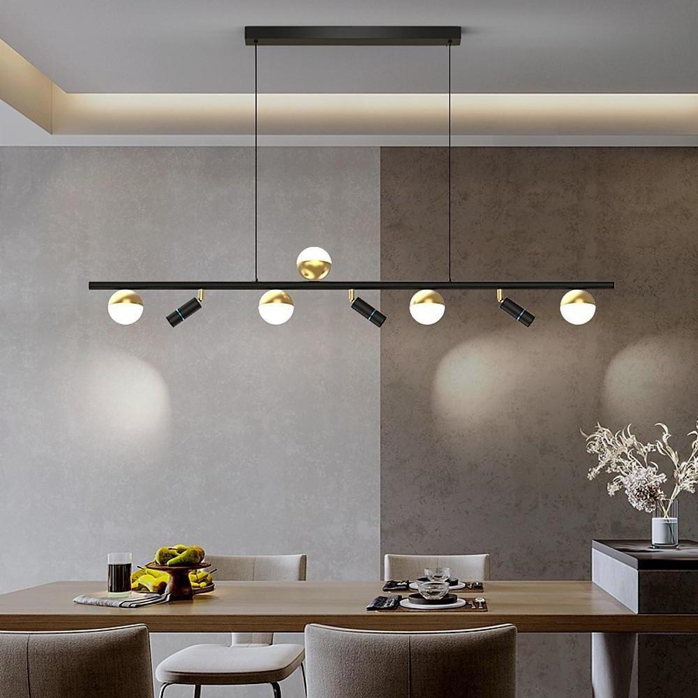 Modern Black Linear Island Chandelier with Acrylic Globe Shades and Spotlights for Kitchen Dining Room