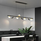 Modern Black Linear Island Chandelier with Acrylic Globe Shades and Spotlights for Kitchen Dining Room