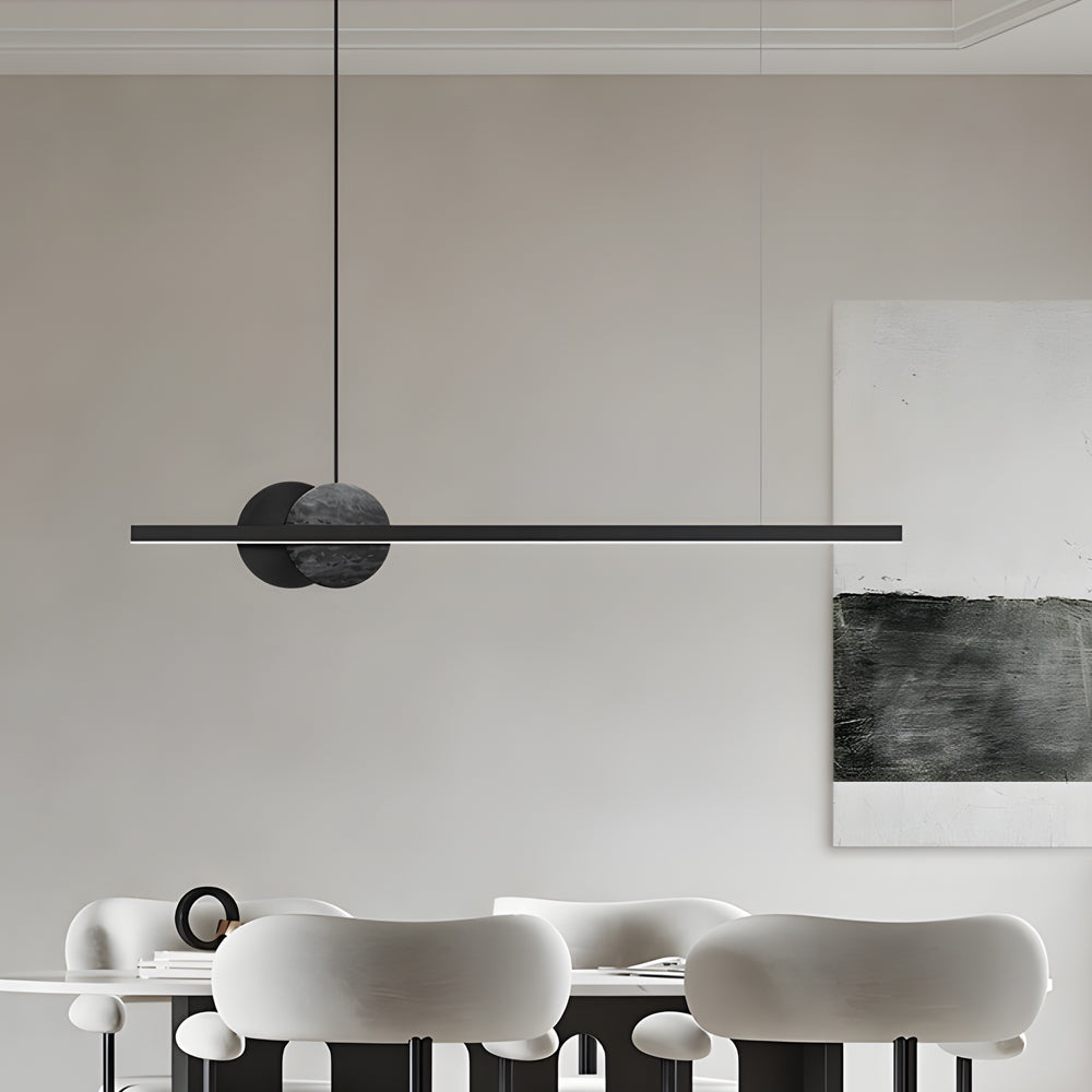 Modern Black Linear LED Pendant Light with Round Marble Accents for Kitchen Island and Dining Room
