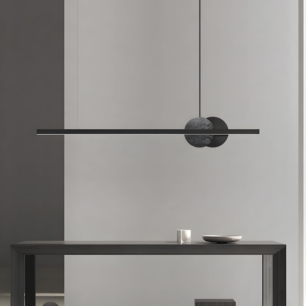 Modern Black Linear LED Pendant Light with Round Marble Accents for Kitchen Island and Dining Room
