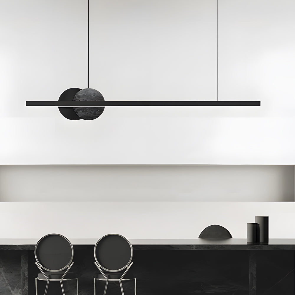 Modern Black Linear LED Pendant Light with Round Marble Accents for Kitchen Island and Dining Room