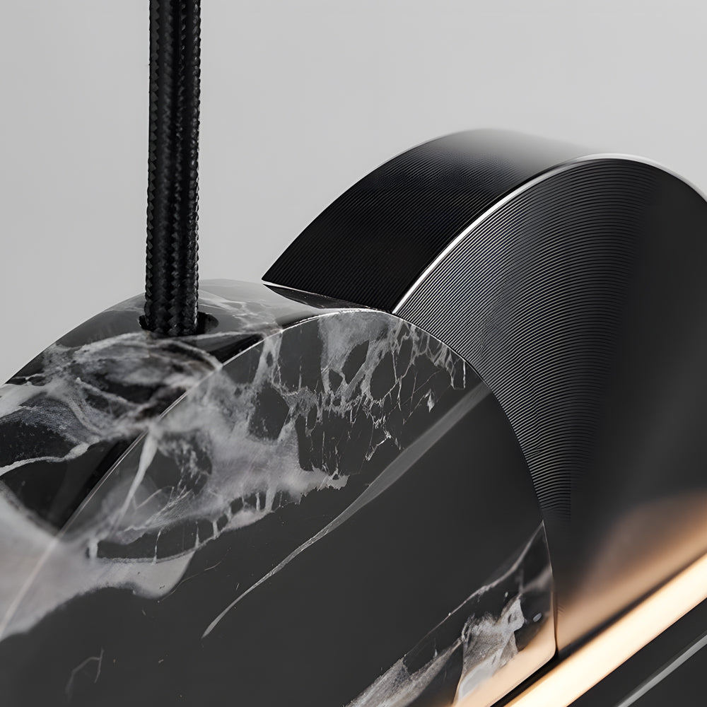 Modern Black Linear LED Pendant Light with Round Marble Accents for Kitchen Island and Dining Room