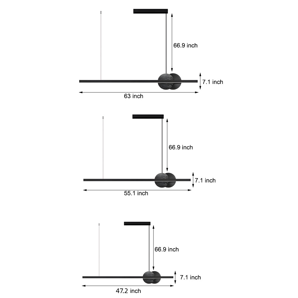 Modern Black Linear LED Pendant Light with Round Marble Accents for Kitchen Island and Dining Room