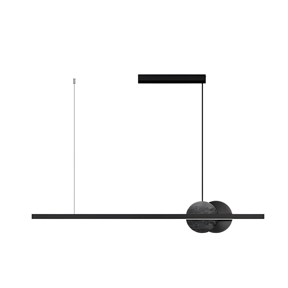 Modern Black Linear LED Pendant Light with Round Marble Accents for Kitchen Island and Dining Room