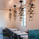 Modern Black Metal Lantern Pendant Light Square Industrial Hanging Fixture for Dining Room