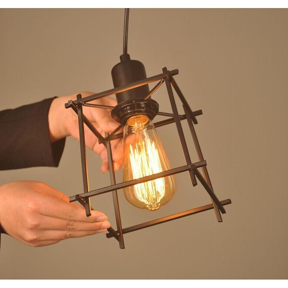 Modern Black Metal Lantern Pendant Light Square Industrial Hanging Fixture for Dining Room